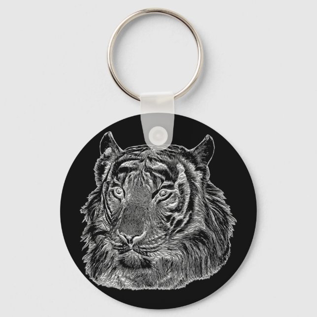 Porte-clés chrome argent tigre visage animal nature jungle ar (Recto)