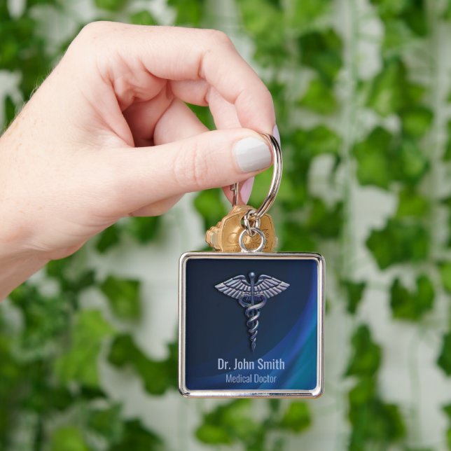 Porte-clés Chrome sombre Holographique 3D Médicale Caduceus (main)