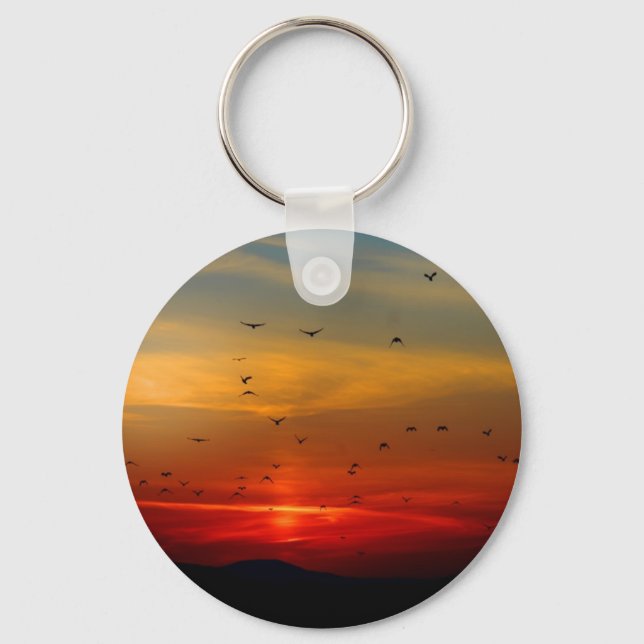Porte-clés Ciel atmosphérique, coucher de soleil, oiseaux, be (Recto)