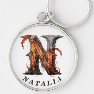 Porte-clés Citrouille Halloween Nom Lettre N Monogramme flora