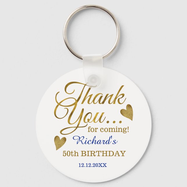 Porte-clés Classy Gold Blue 50th Birthday Merci Favor (Recto)