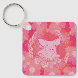 Porte-clés cochon,fleur de vie, bleu, mandala,zen,chakra,moti