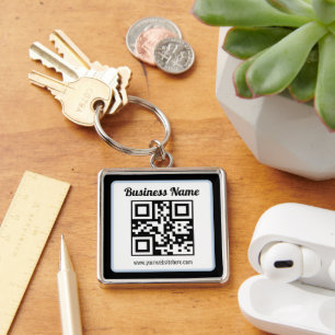 Porte-clés Code QR éditable & Texte avec bordure bleu clair