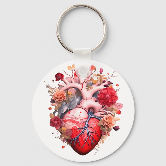 Porte-clés Coeur anatomique avec fleurs (Recto)