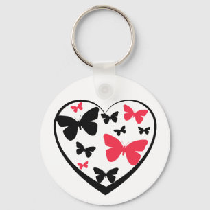Porte-clés Coeur ouvert de noir avec les papillons rouges et