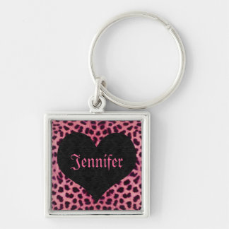 Porte-clés Coeur rose de noir d'impression de guépard - nom