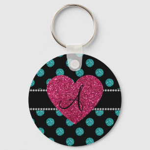 Porte-clés Coeur rose de pois de turquoise de monogramme
