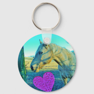 Porte-clés Coeur rose et Cheval jaune