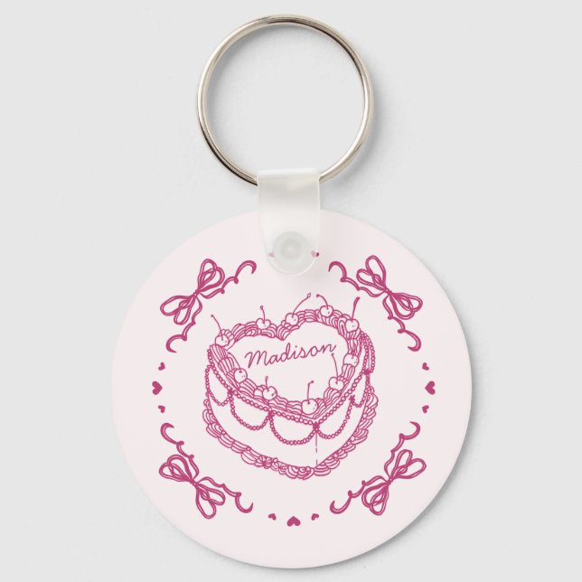 Porte-clés Coeur rose rétro Coquette gâteau cerise Faveurs (Recto)