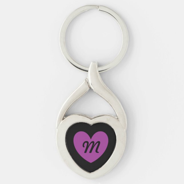 Porte-clés Cœur violet Monogram sur fond noir (Devant)