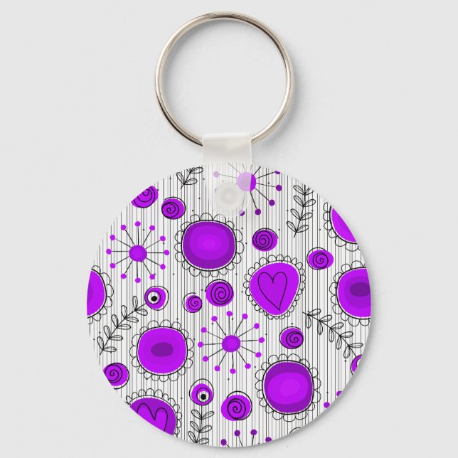 Porte-clés Coeurs blancs violet blanc Whimsical et fleurs flo (Recto)