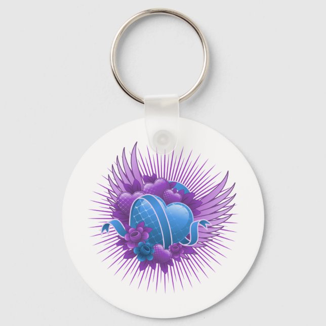 Porte-clés Coeurs bleus Roses et ailes (Recto)