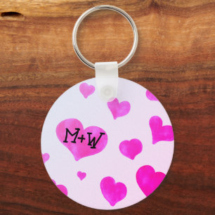 Porte-clés Coeurs d'aquarelle rose Personnalisé Nom de couple