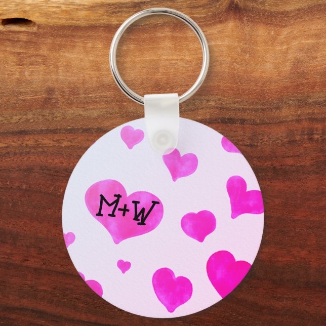 Porte-clés Coeurs d'aquarelle rose Personnalisé Nom de couple (Recto)