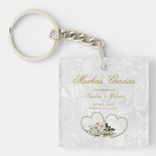 Porte-clés Cœurs de perles et fleurs, Damas merci