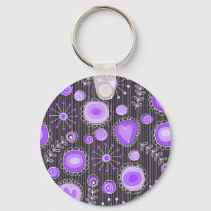 Porte-clés Coeurs gris violet blanc et fleurs florales