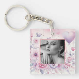 Porte-clés Coeurs rose violet rose floral photo aquarelle