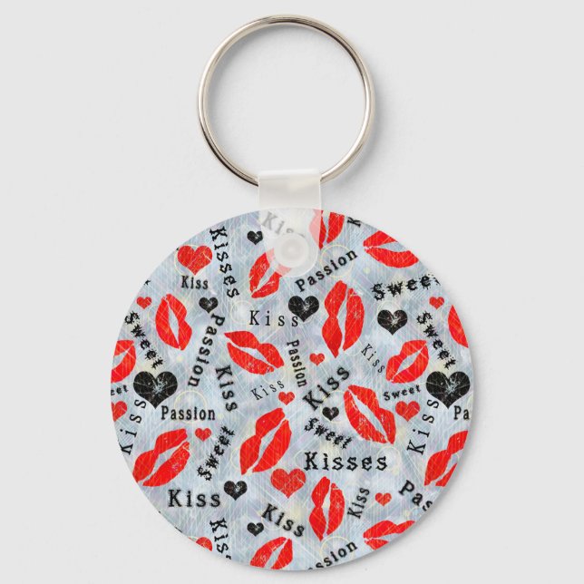 Porte-clés Coeurs, rouge, noir, empreintes de lèvres, baiser (Recto)
