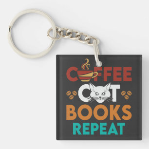 Porte-clés Coffee Cat Books Repeat, Lecture de café Amoureux 