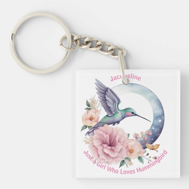 Porte-clés Colibri rose violet Nom personnalisé (Devant)