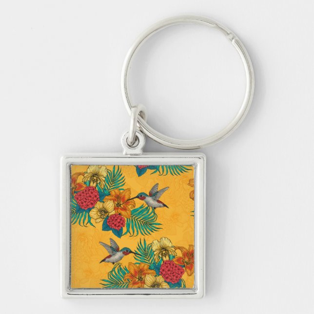 Porte-clés Colibris et bouquet tropical en jaune (Devant)