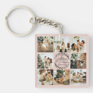 Porte-clés Collage de photos de famille monogramme Rose pâl