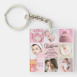 Porte-clés Collage photo personnalisé avec nom et bébé fille 