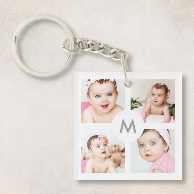 Porte-clés Collage photo personnalisé Monogramme blanc 4 imag (Créateur téléchargé)