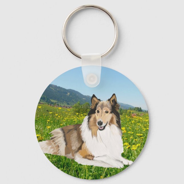 Porte-clés Collie rugueux contre une prairie de betercup. (Recto)