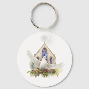 Porte-clés Colombe blanche avec église
