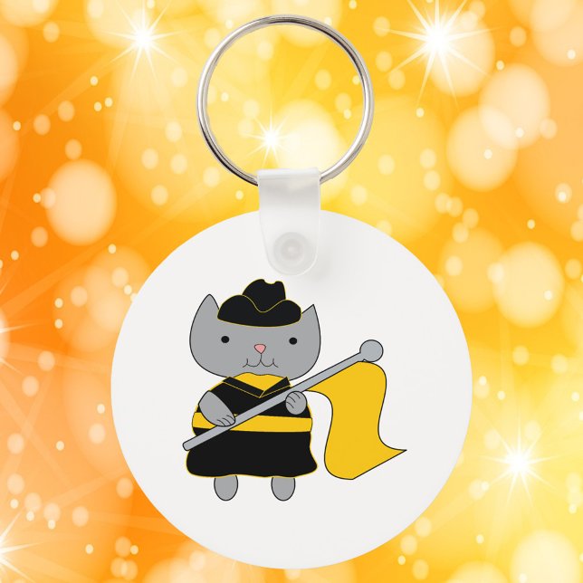 Porte-clés Color Guard Kawaii Cat Black Yellow (A keychain featuring a cute gray cat in a black & yellow color guard uniform.)