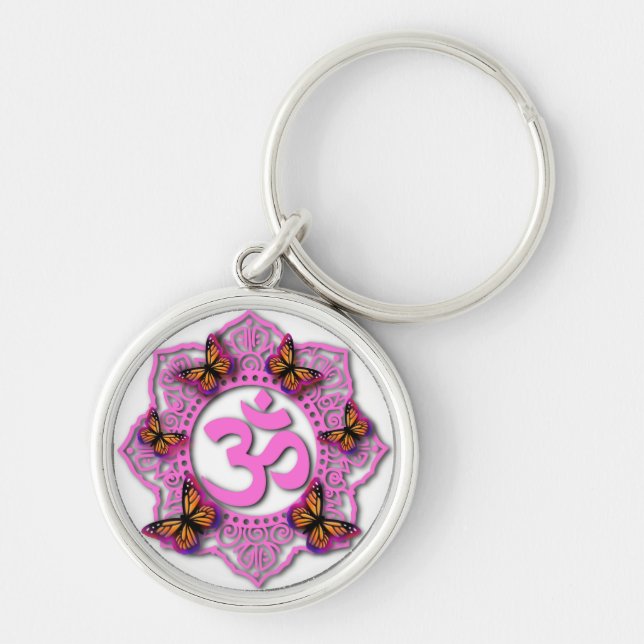 Porte-clés Conception mandala ohm rose avec papillons Monarch (Devant)