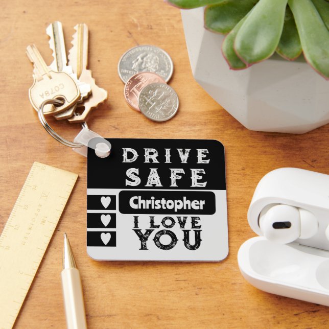 Porte-clés Conduite en sécurité J'aime ajouter nom photo noir (Bureau)