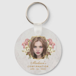 Porte-clés Confirmation Girl Photo Floral Pink Orchids Marbre