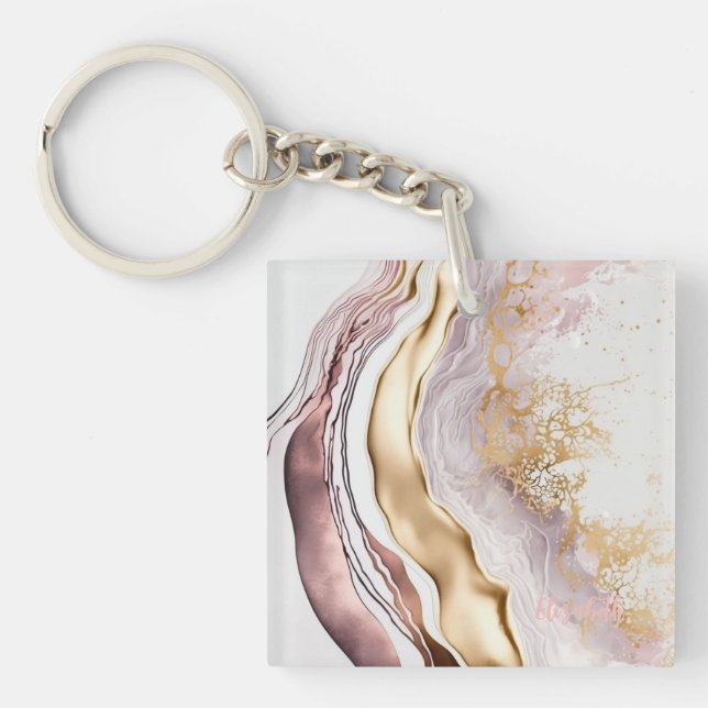 Porte-clés Cool en marbre rose pierre or (Devant)