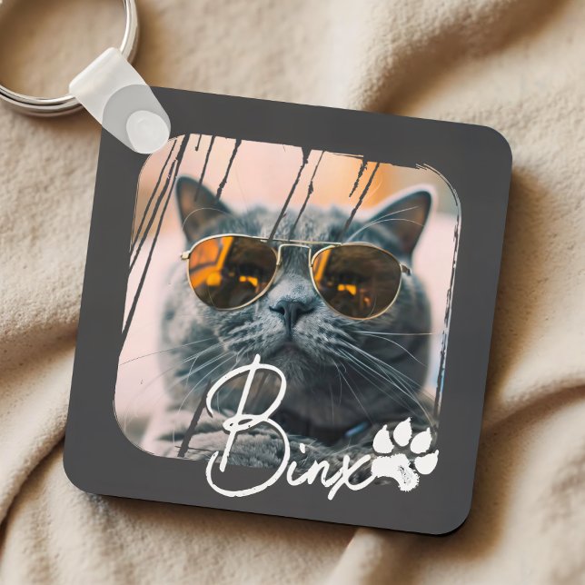 Porte-clés Cool moderne de chat Grunge Nom et photo (Créateur téléchargé)