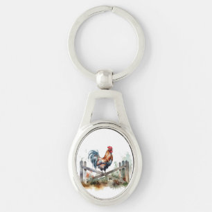 Porte-clés coq assis sur la barrière blanche aquarelle