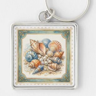 PORTE-CLÉS COQUILLES TROPICALES BLANC BLEU ORANGE