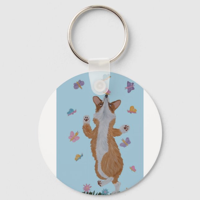 Porte-clés Corgi gallois dansant avec des papillons (Recto)