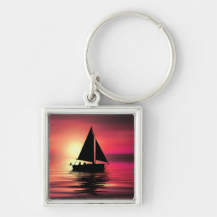 Porte-clés Coucher de soleil, Bateau à voile dans la mer-3918