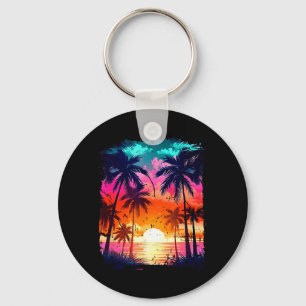 Porte-clés Coucher de soleil orange et aqua avec palmier en s