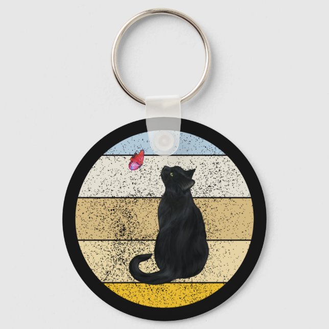 Porte-clés Coucher de soleil rétro de papillon de chat noir (Recto)