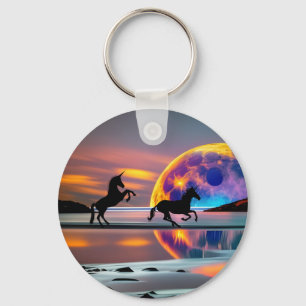Porte-clés Coucher de soleil violet, licornes, Pleine lune su