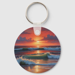 Porte-clés Coucher Rouge Océan Peinture de paysage marin