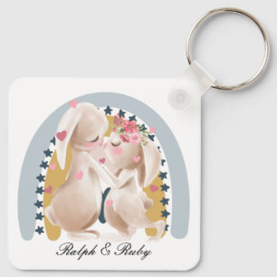 Porte-clés Couple Couple Bunny Rainbow Customisé Cadeau lui