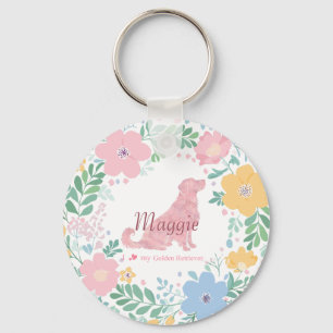 Porte-clés Couronne de fleurs rose pastel Golden Retriever