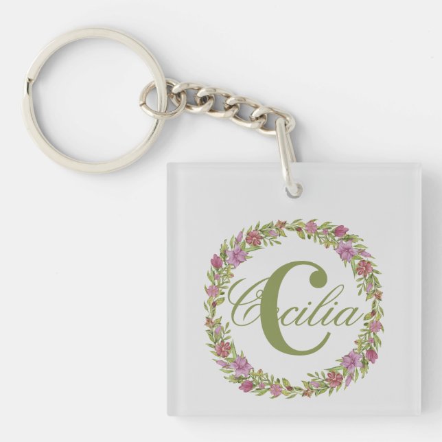 Porte-clés Couronne florale personnalisée Nom Monogramme (Devant)