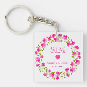 Porte-clés Couronne florale rose élégante Monogramme Cadeau d