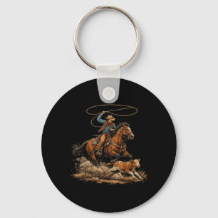 Porte-clés Cowboy Vintage qui attrape un veau Rodeo Country W