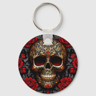 Porte-clés Crâne de Dia de los Muertos avec des roses rouges